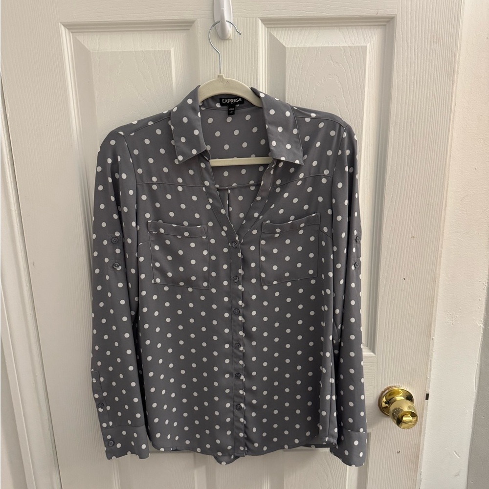 Express Gray Polka Dot Button Down Shirt